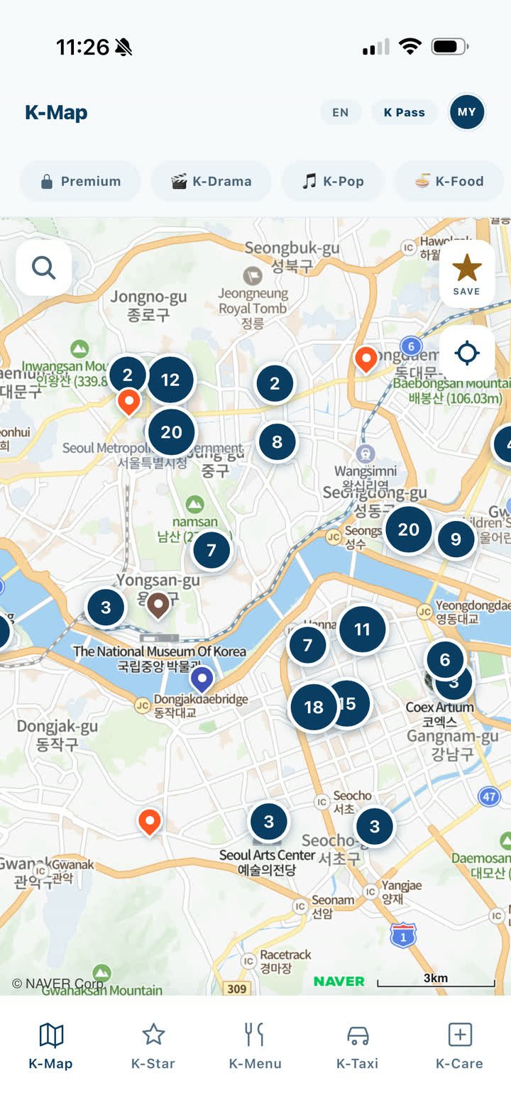 The K-Map screen: a map of Seoul with numbered markers on hand-checked spots, and filters for K-Drama, K-Pop and K-Food along the top.