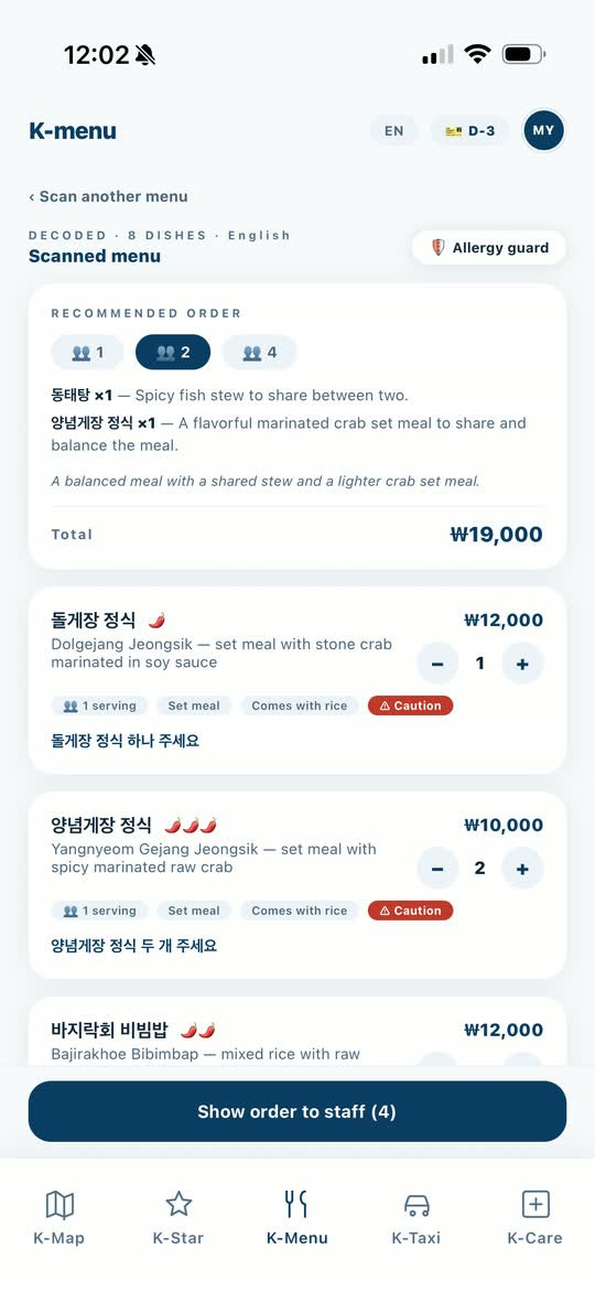 K-Menu showing a photographed Korean menu decoded into English dish names with prices, spice levels and serving sizes.