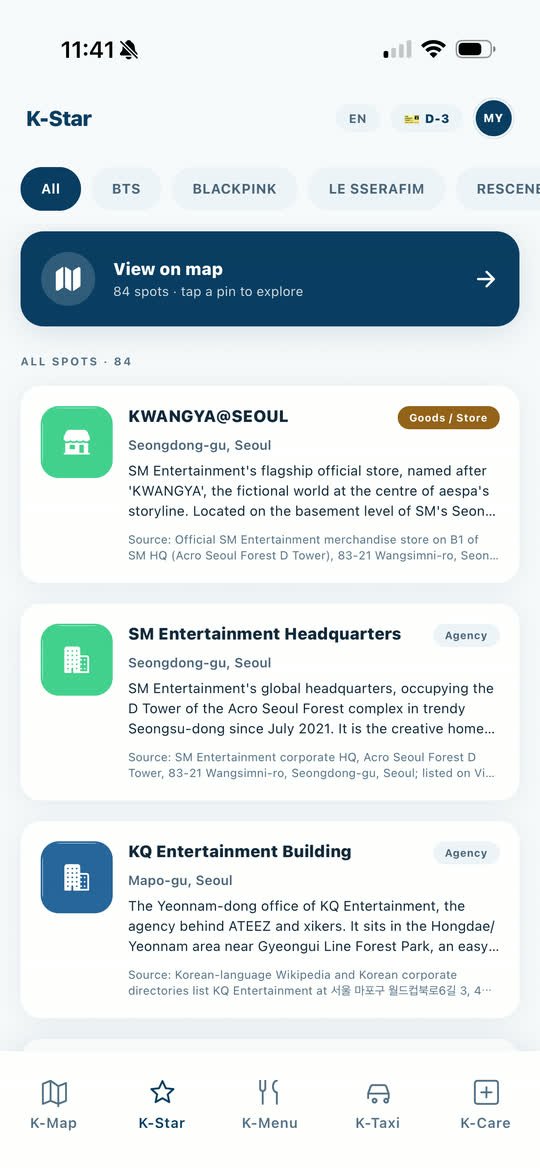 The K-Star list filtered by artist, showing agency buildings and official goods stores in Seoul.