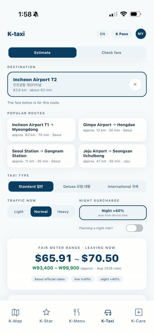 K-Taxi showing an estimated fare-meter range for a ride to Incheon Airport, with tariff and traffic options.